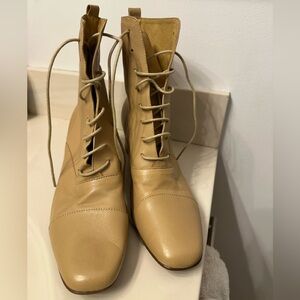 Tan leather lace up heeled boots